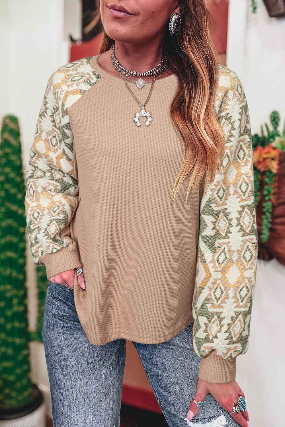Smoke Gray Waffle Patchwork Geometric Raglan Sleeve Top Smoke Gray 75%Polyester+25%Cotton 945e45cc7b40c9e3