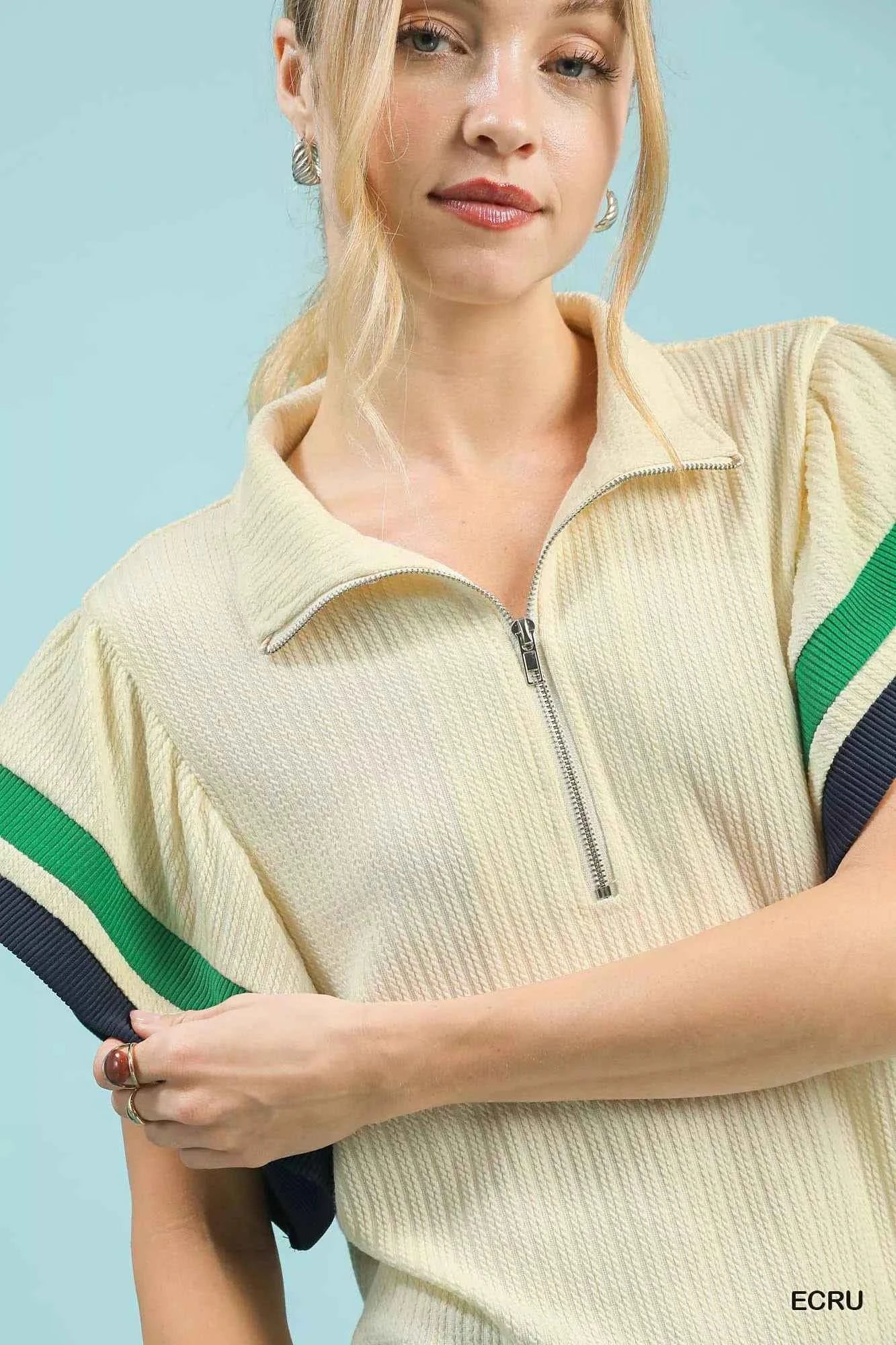 Umgee Textured Half Zip Top with Striped Flutter Sleeves 94648be1-61f4-4876-9160-719b328c278a-Max-Origin