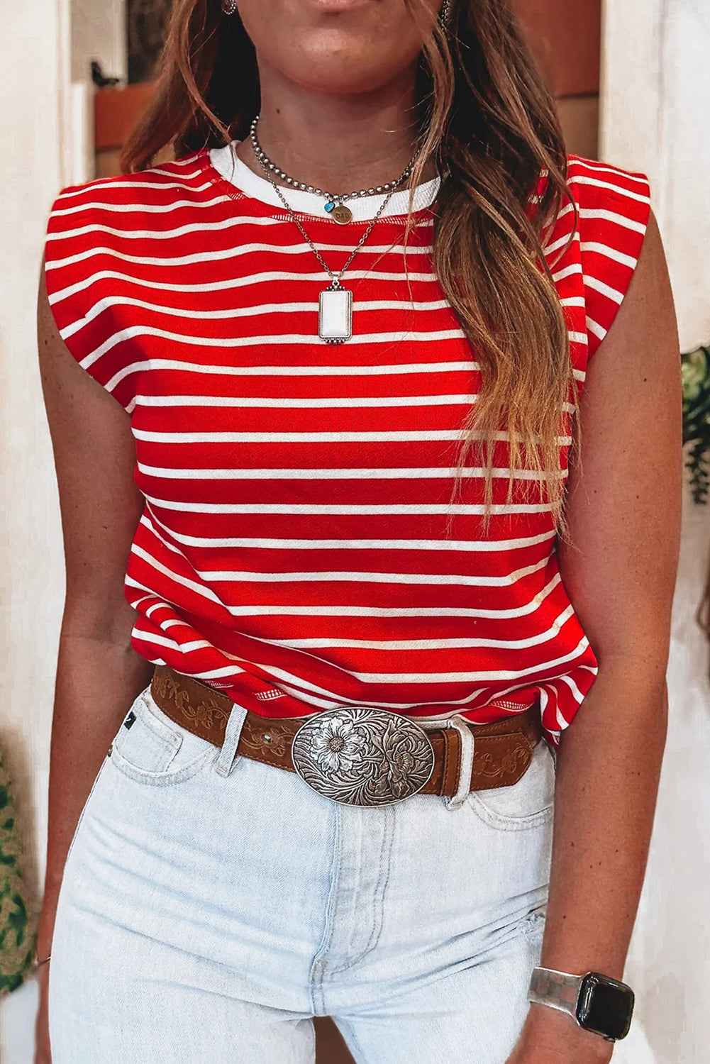 Red Stripe Ribbed Round Neck Trim Loose Tank Top 946716d49c030e97