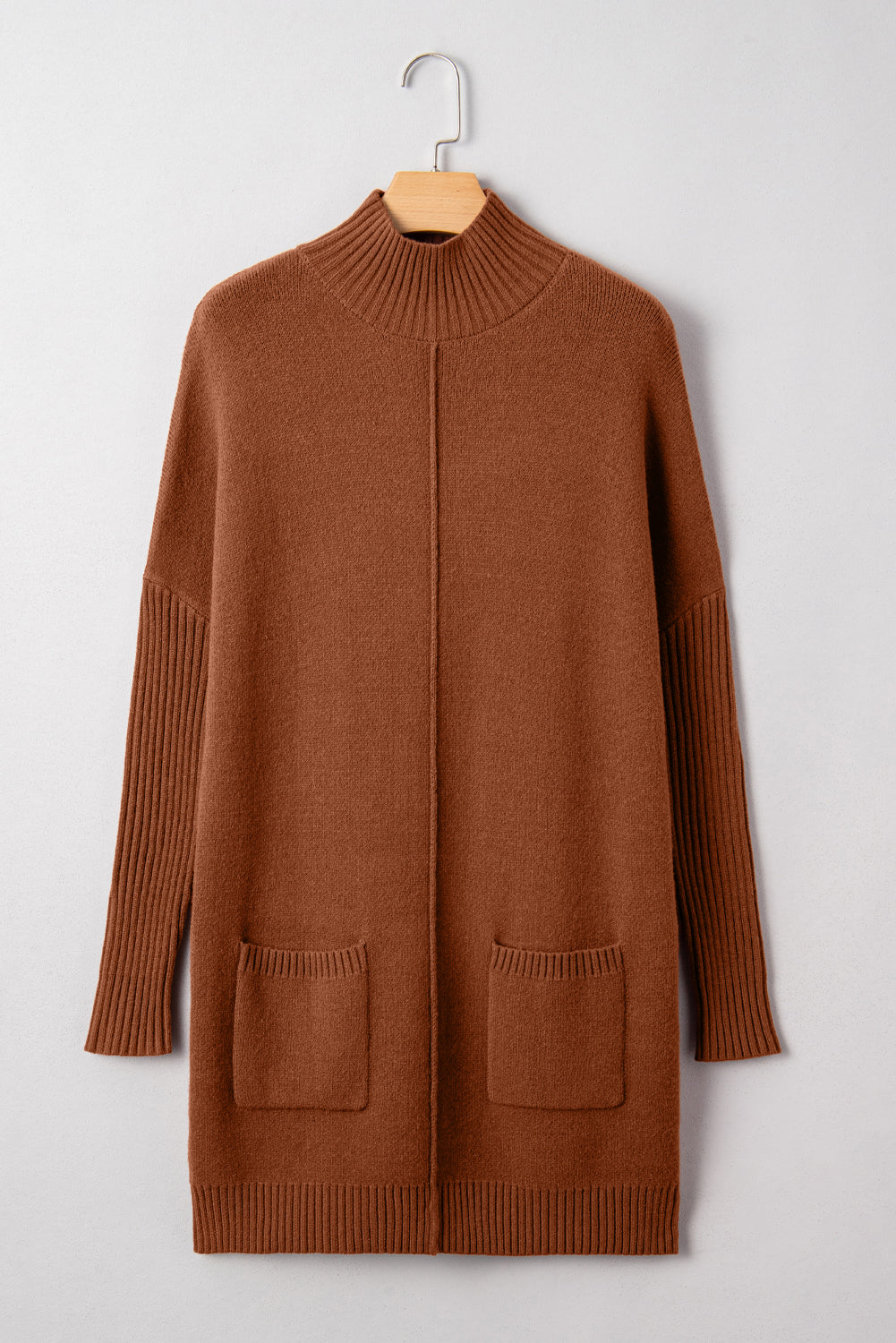 Chestnut Ribbed High Neck Front Pockets Center Seam Shift Sweater Dress 94676a8e19fde1ab