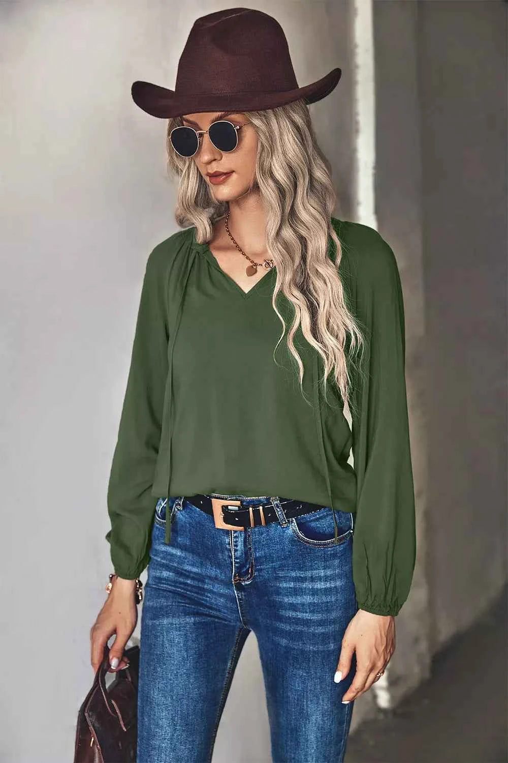 Tie Neck Long Sleeve Blouse 94789b09-b19a-4c46-9daf-4f82cc3764aa-Max-Origin
