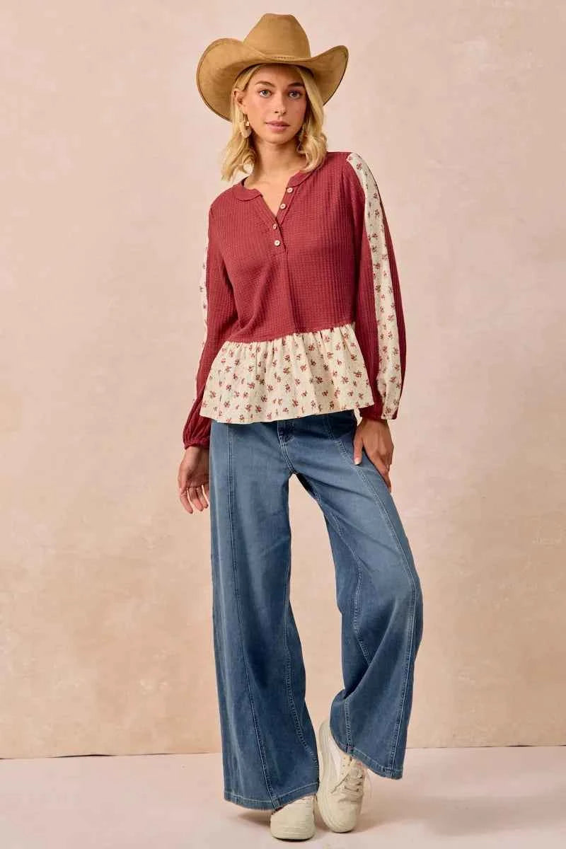 BiBi Waffle with Floral Woven Combo Top 9482511fa36c488896b4b6f9da674046-Max-Origin