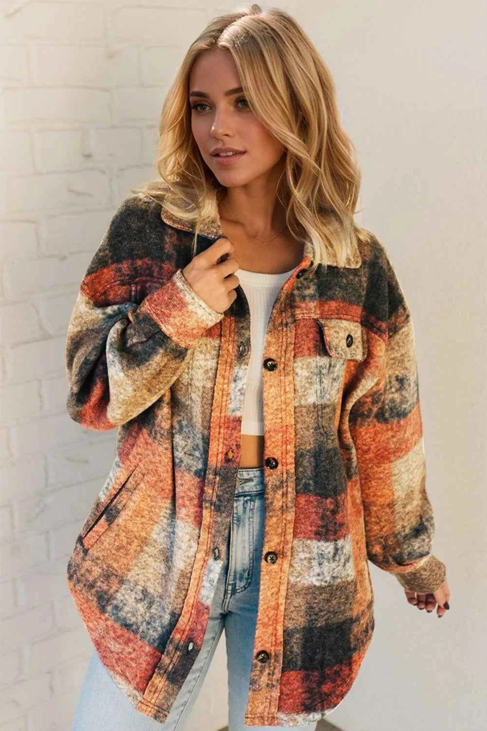 Double Take Button Up Plaid Fleece Shacket with Pockets 948cb80d-00d9-4cd5-8b5a-9d3d47386928-Max