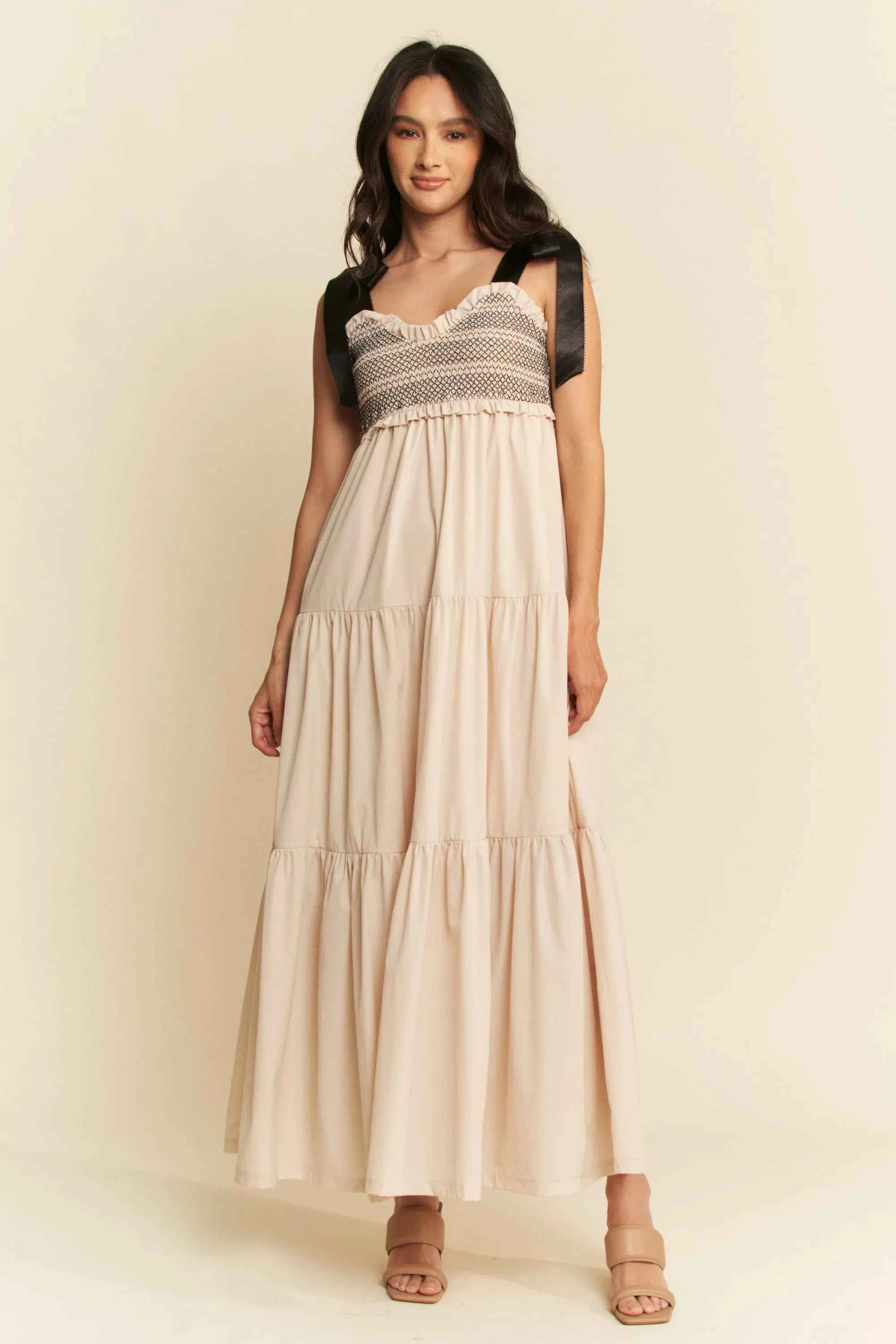 Davi & Dani Multi Contrast Smocked Bodice Straps Maxi Dress BEIGE 948e95376f1d4e7e828286ae62fed85d-Max-Origin
