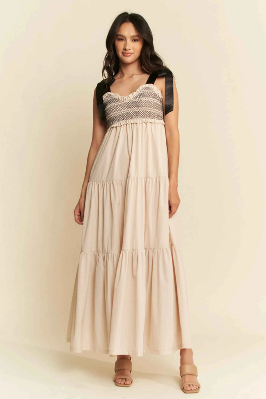 Davi & Dani Multi Contrast Smocked Bodice Straps Maxi Dress BEIGE 948e95376f1d4e7e828286ae62fed85d-Max-Origin