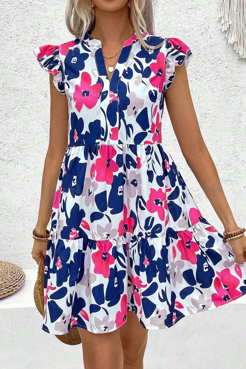 Orange Floral Print Notched Neck Flutter Sleeve Mini Dress 94921030882a29d8