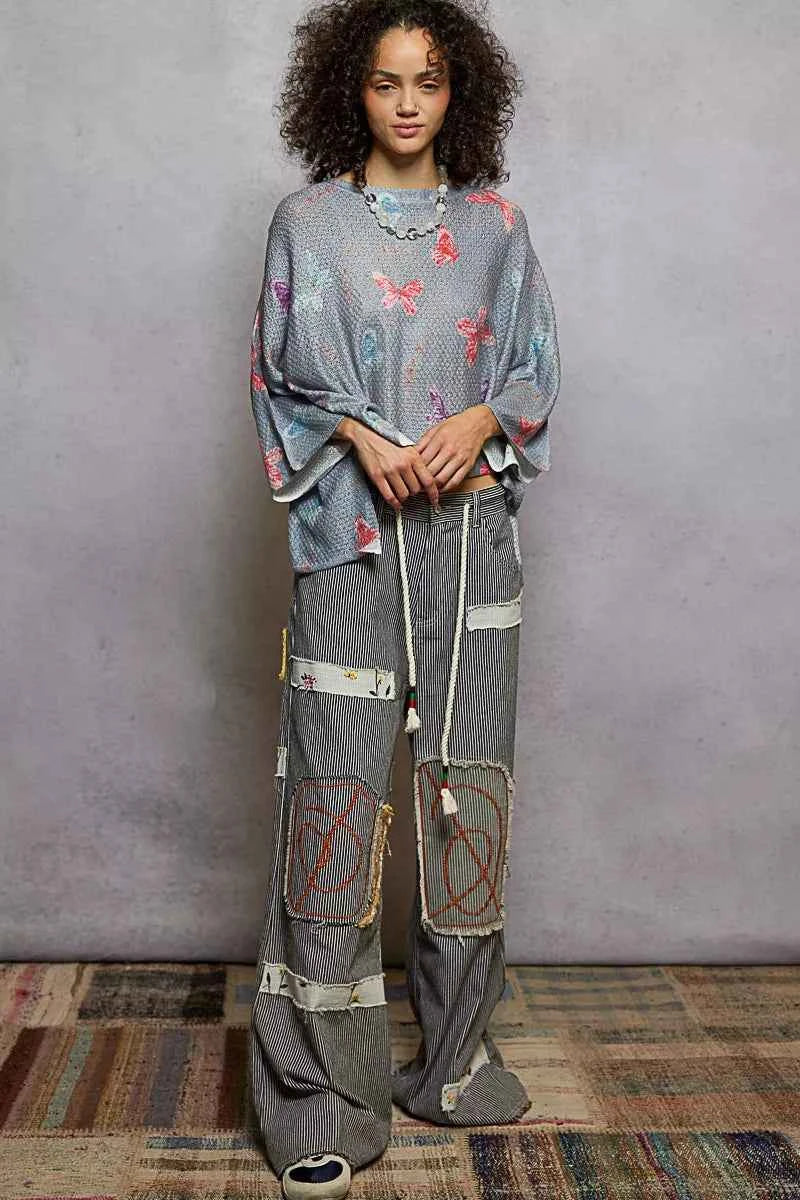 POL Butterflies Pattern Round Neck knit Top with Outseam Rolling Edge 949382fc-ff69-4e1e-8592-8348ef47cd9d-Max-Origin