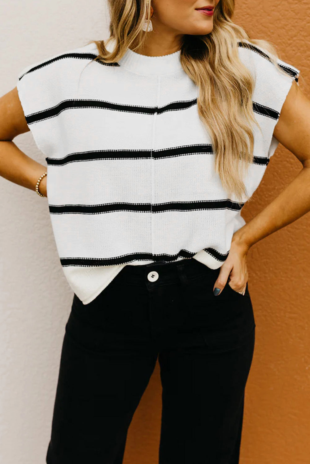 White Striped Center Seamed Short Sleeve Sweater White 100%Acrylic 94954c8dd21c04c7