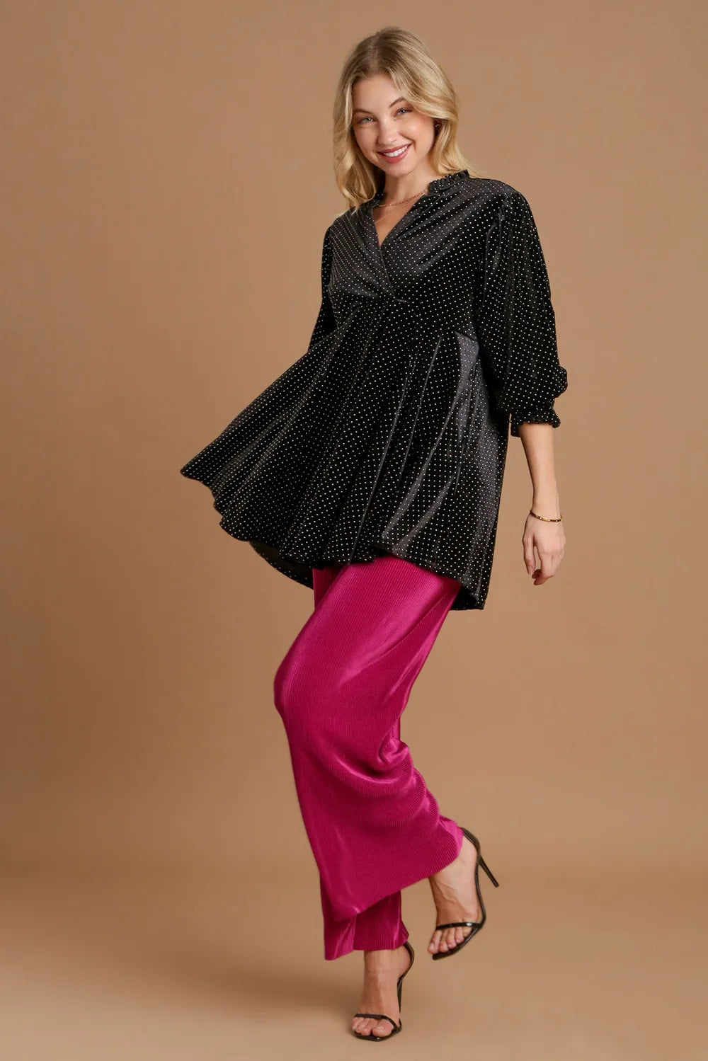 Umgee Full Size Beaded Frill Flounce Sleeve Velvet Babydoll Blouse 9495afaf-6fe7-497b-9291-7074fe1b1df3-Max