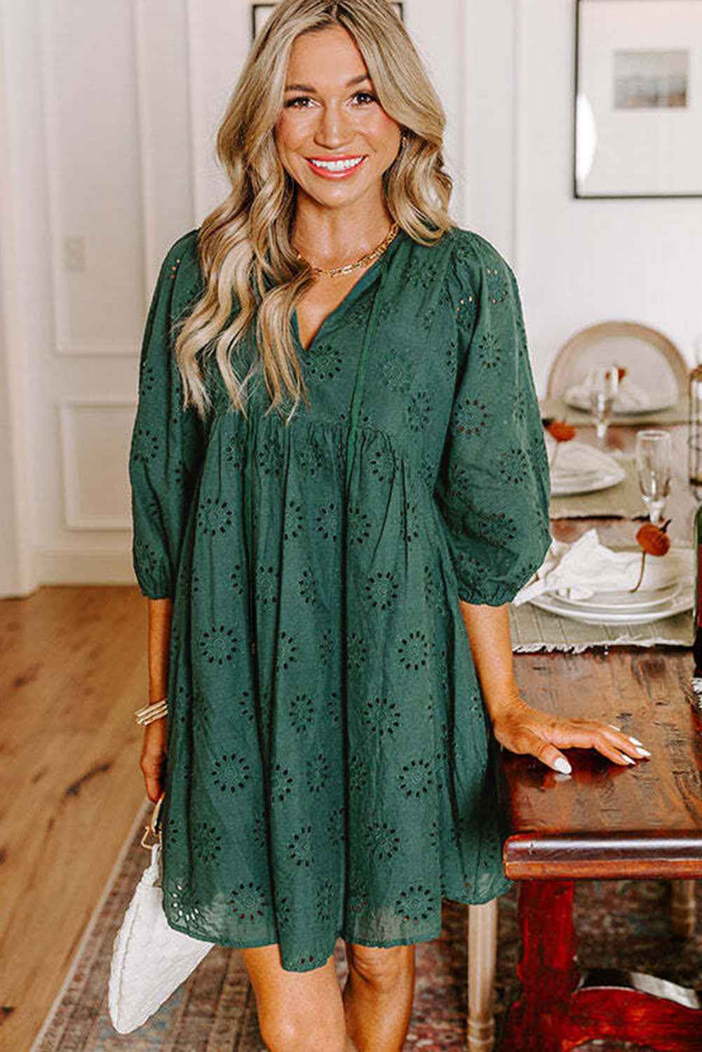 Blackish Green Embroidered Eyelet Pattern Puff Sleeve Mini Dress 949e3e9e0a6c2ba5