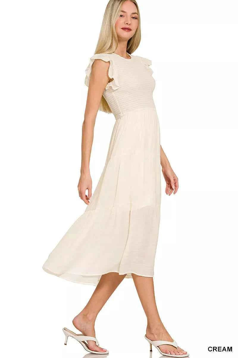 Zenana Woven Smocked Ruffle Sleeve Midi Dress 949fb95c-0807-453c-a090-fa190f395592-Max-Origin