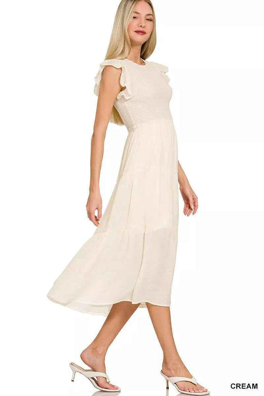 Zenana Woven Smocked Ruffle Sleeve Midi Dress 949fb95c-0807-453c-a090-fa190f395592-Max-Origin