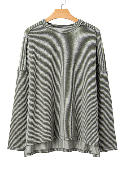 Green Bay Twisted Rib Exposed Seam Detail Long Sleeve Loose Top 94a43063c35aa244