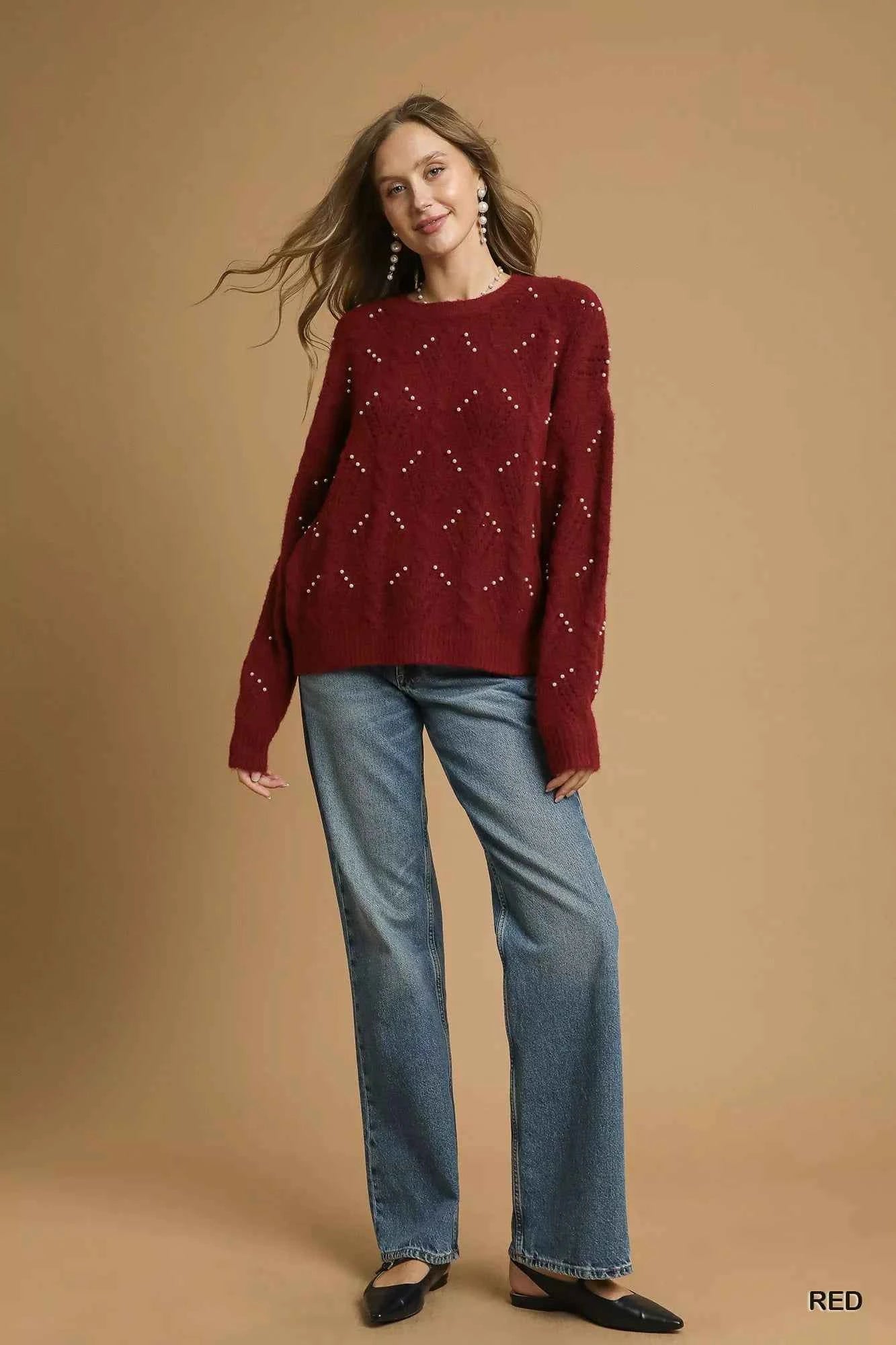 Umgee Pearl-Embellished Long Sleeve Sweater 94a9e01d-2e89-4c21-b4d9-ecc4a5bc59a7-Max-Origin