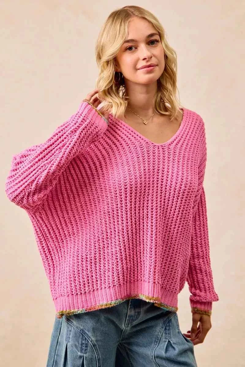 BiBi V-Neck Sweater with Colorful Trim 94ac332aed144c04956ce429712c3ad1-Max-Origin