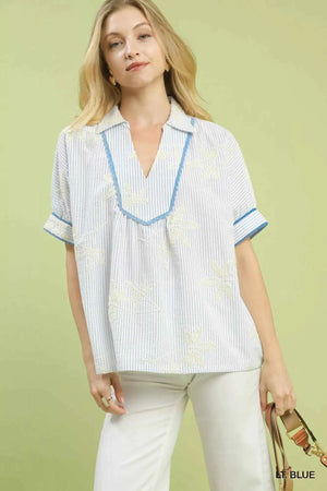 Striped Embroidered Blouse with Scallop Trim LT. BLUE 94ad884f-e549-4bb3-ad4a-300c02d7a0f6-Max-Origin
