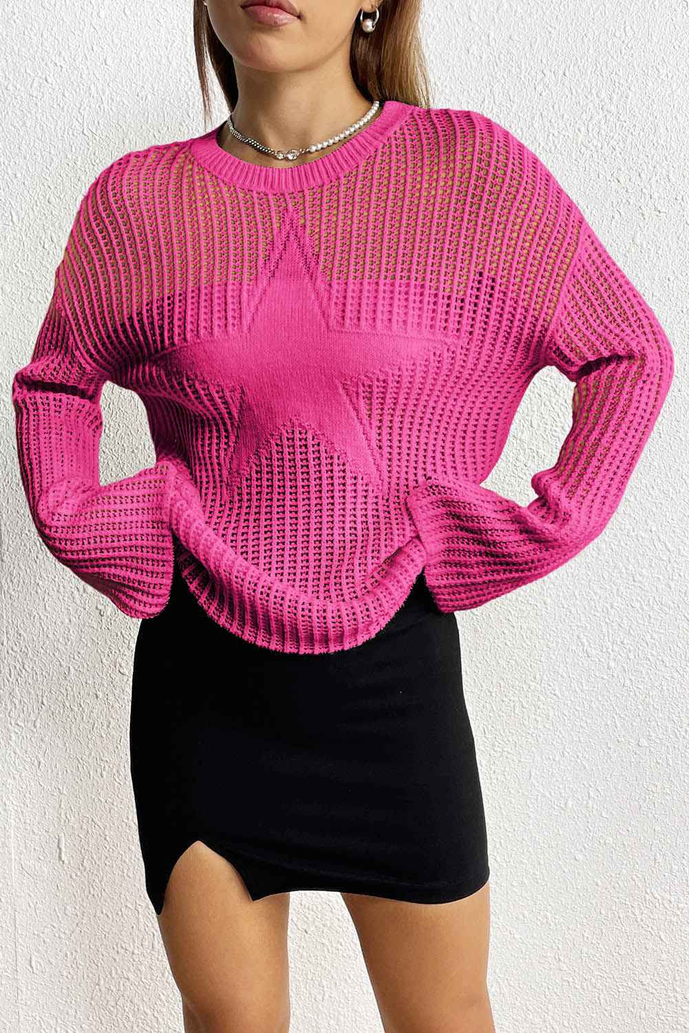 Rose Star Pattern Lightweight Hollow Knit Sweater Rose 100%Acrylic 94b12af1c9d4c8a4