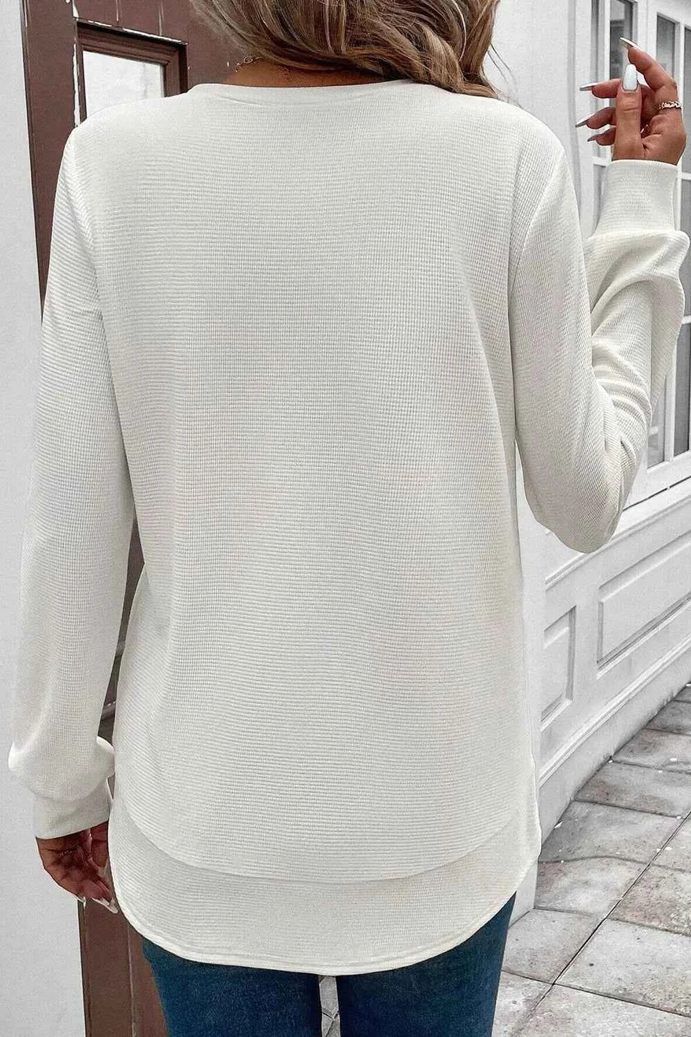 Rounded Neck Waffle Long Sleeve Top 94b4ed0b-0691-40d3-9e90-70a21d71137b-Max-Origin