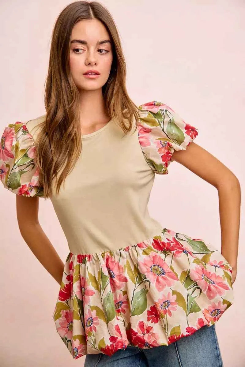 BiBi Floral Printed Bubble Sleeves and Hem Peplum Top FLORAL 94b8e15994944e19a0a345c005fa0085-Max-Origin