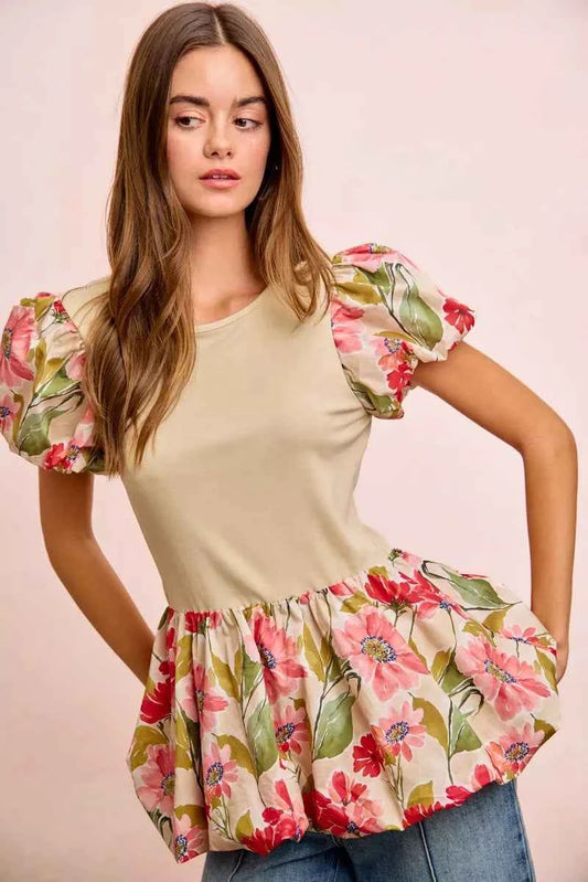 BiBi Floral Printed Bubble Sleeves and Hem Peplum Top FLORAL 94b8e15994944e19a0a345c005fa0085-Max-Origin