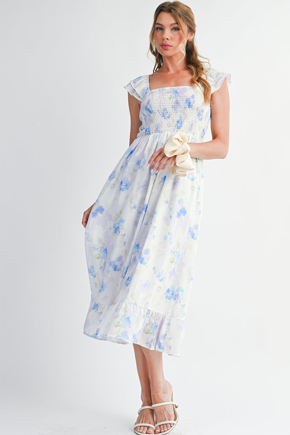 Sky Blue Floral Smocked High Waist Ruffle Sleeveless Long Dress 94be3ba676bf38c9