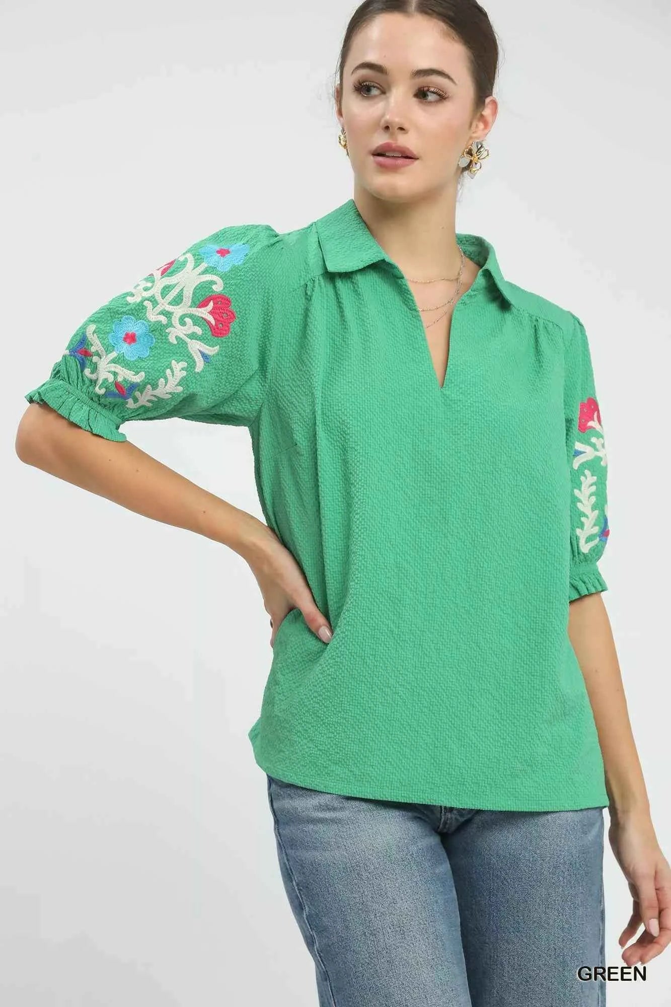 Umgee Seersucker Embroidered Sleeve Blouse GREEN 94c2b8c3-5cec-4bc0-b741-9e62f9d3869c-Max-Origin