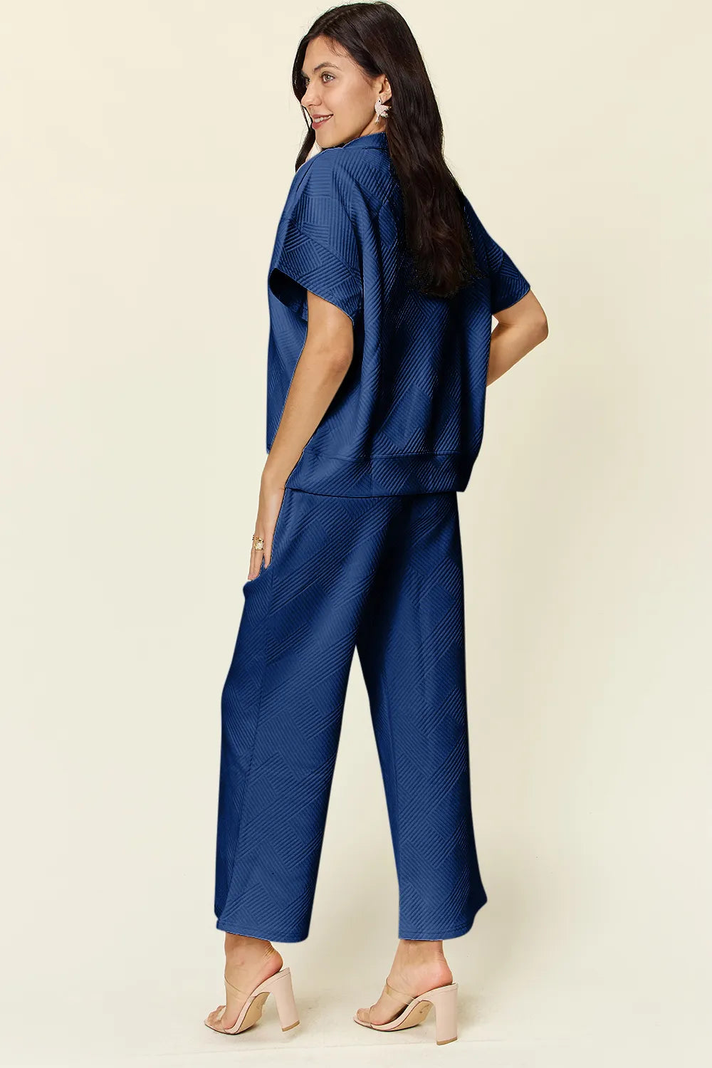 Double Take Full Size Texture Half Zip Short Sleeve Top and Pants Set 94d0aed6-6dd6-4245-86a7-487255a6f402-Max