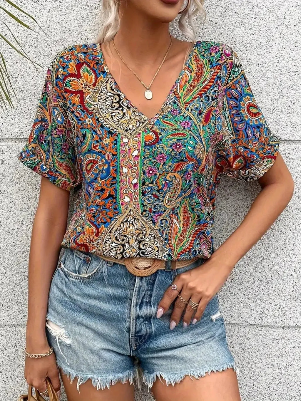 Bohemian Paisley Print V-Neck Short Sleeve T-Shirt Turquoise 94d2ee1c-24d8-42c0-a77d-19a1b9e12e76-Max-Origin