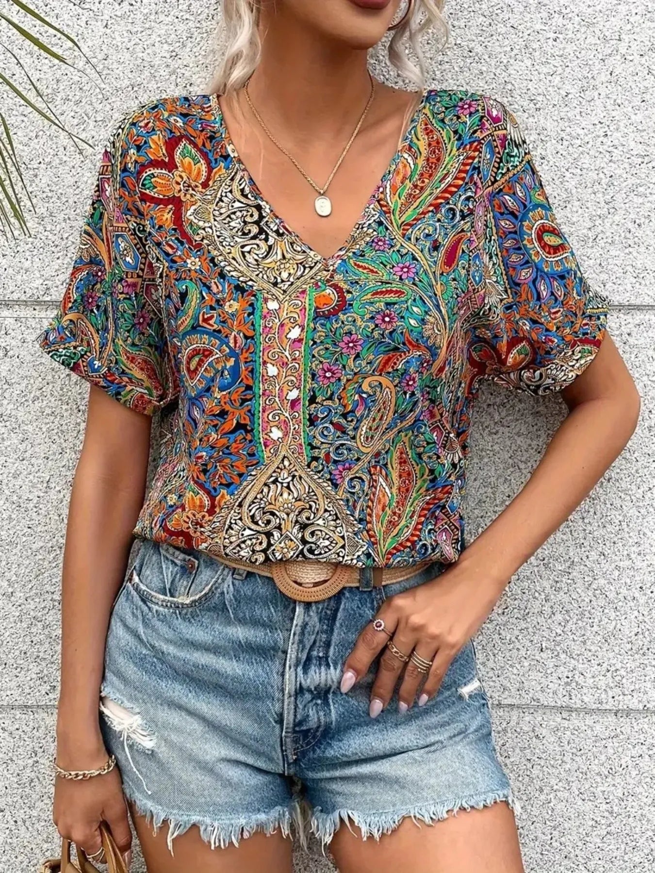 Bohemian Paisley Print V-Neck Short Sleeve T-Shirt Turquoise 94d2ee1c-24d8-42c0-a77d-19a1b9e12e76-Max-Origin