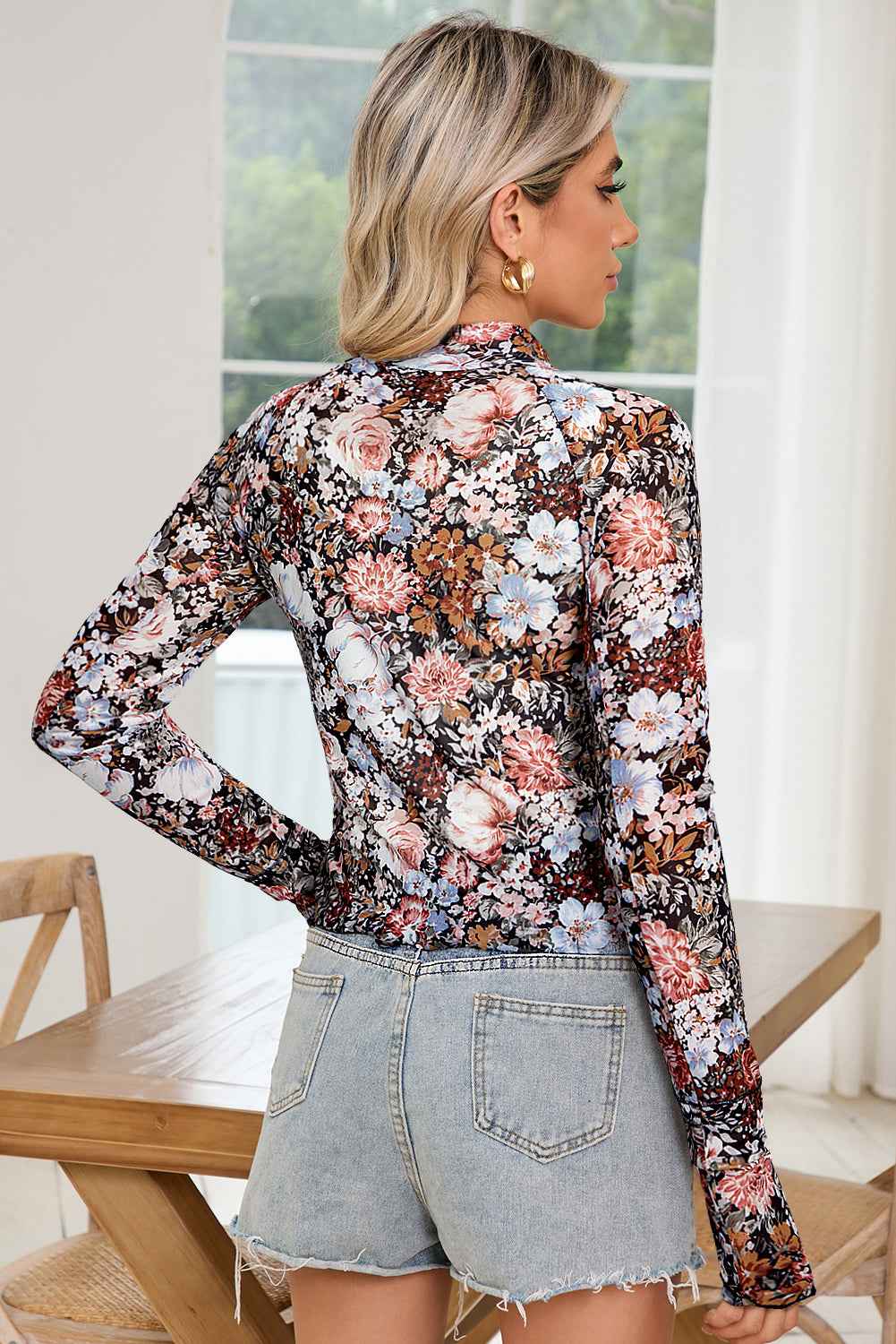 Brown Floral Print Mesh Mock Neck Slim Top 94d3b3300907020c