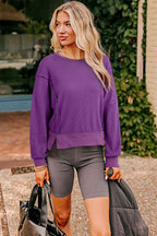 Evergreen Solid Color Raw Seam Patchwork Ribbed Drop Shoulder Sweatshirt 94dc35626e796b5e