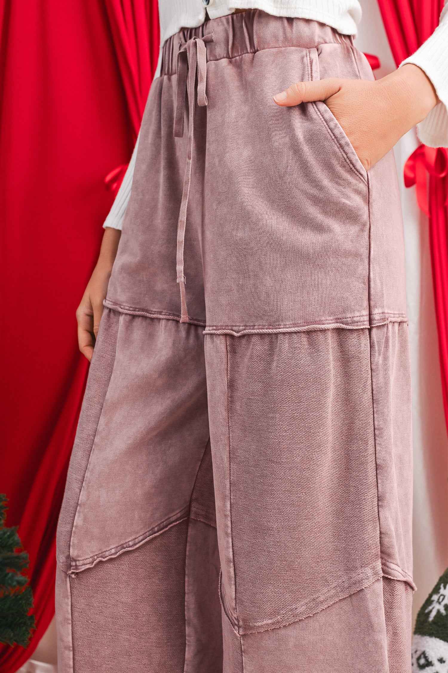 Ashleigh Blue Careys Mineral Wash Tiered Wide Leg Patchwork Drawstring Pants 94dd651b2b47458b