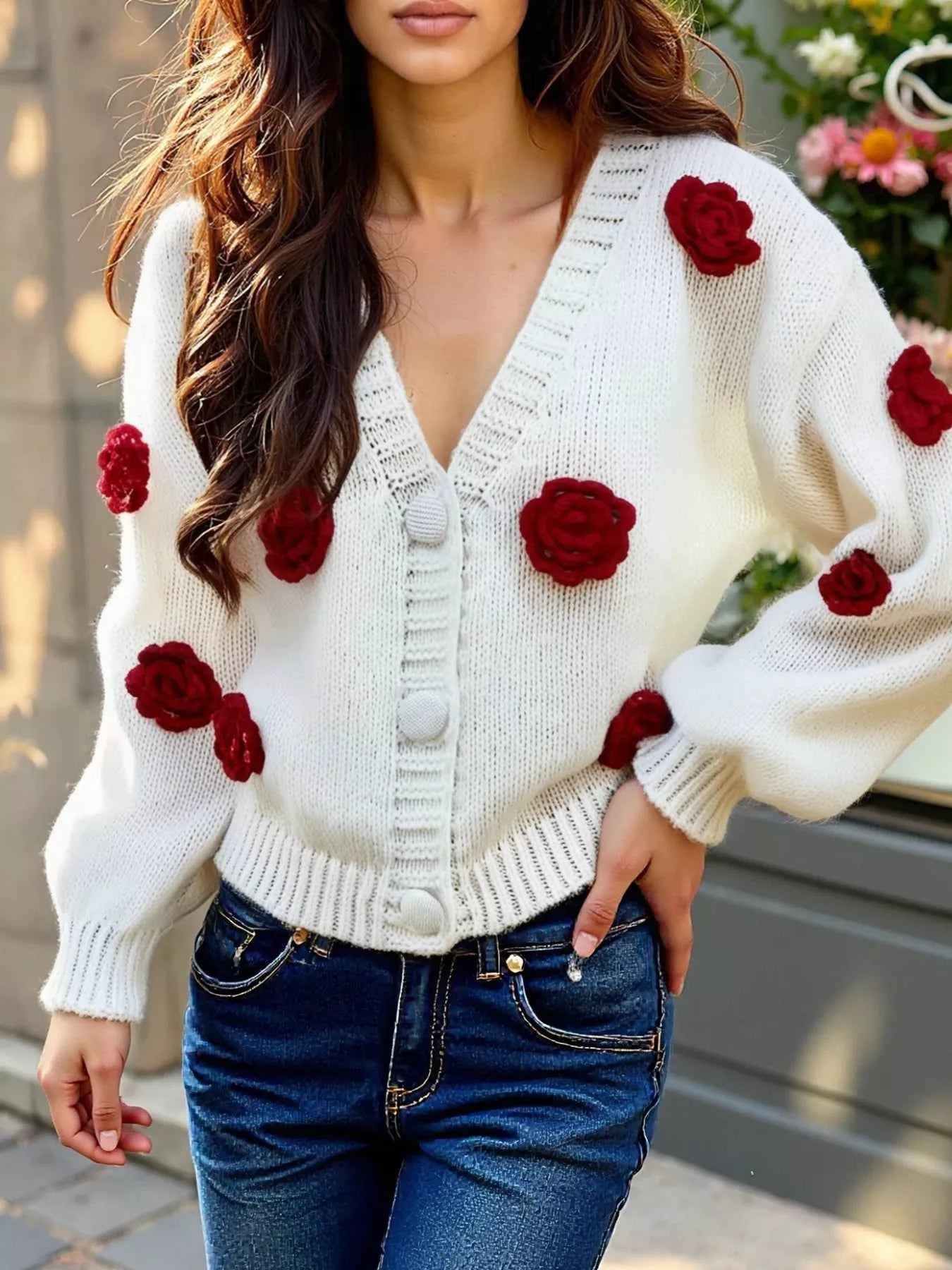 Rose Embellished V-Neck Cardigan 94e5c290-bdad-4e9e-b5e6-f731212c711b-Max-Origin