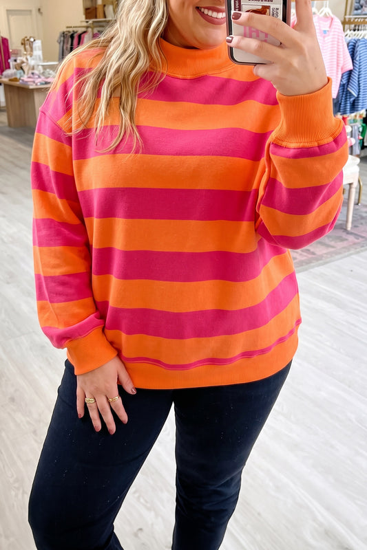 Orange Stripe Ribbed Trim Stand Neck Dropped Shoulder Plus Size Sweatshirt Orange Stripe 95%Cotton+5%Elastane 94e5dab21fb2c724