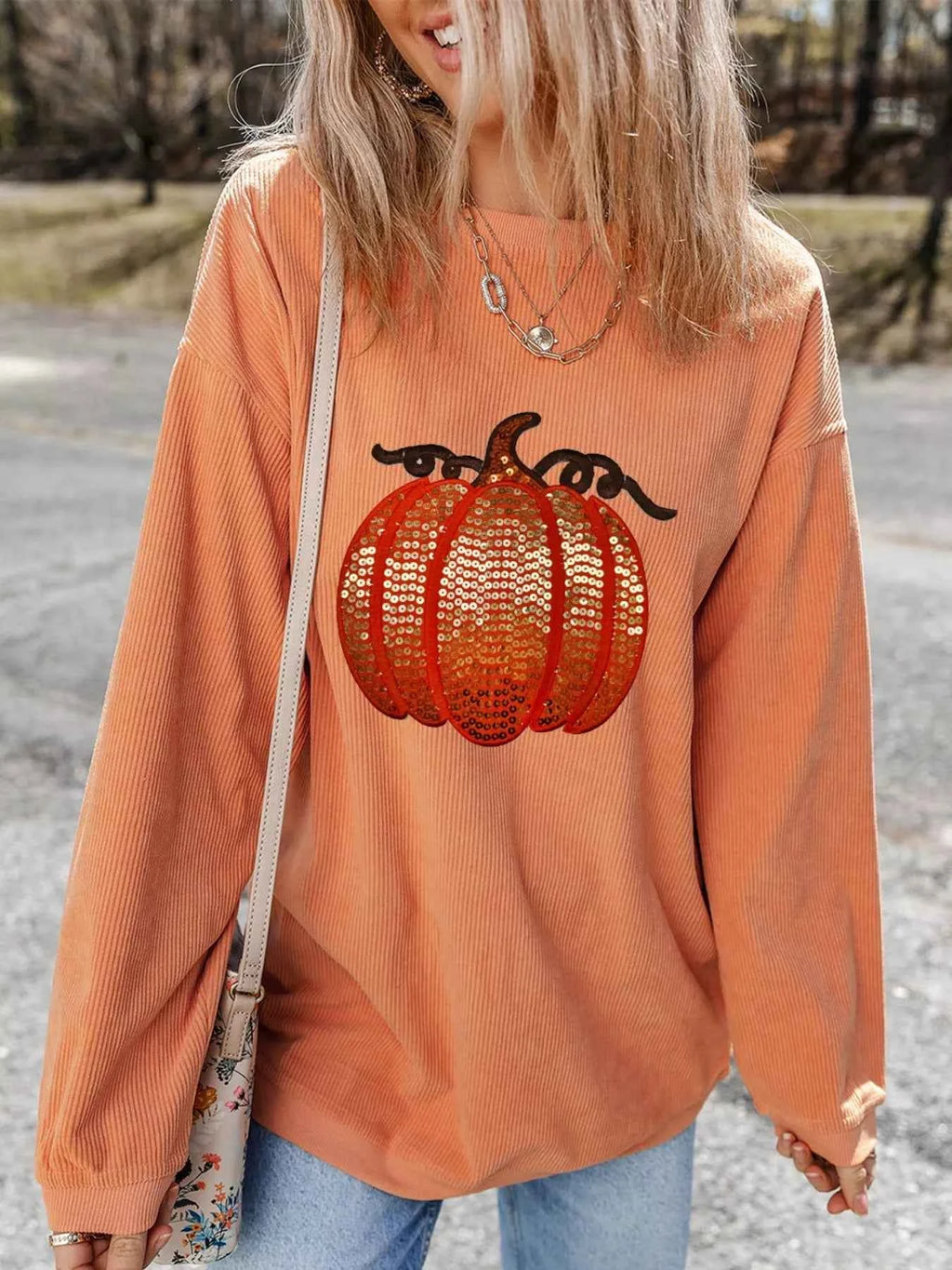 Halloween Sequined Pumpkin Ribbed Round Neck Sweatshirt 94e77d61-ac83-48c7-9ee3-05987b5a6897-Max-Origin