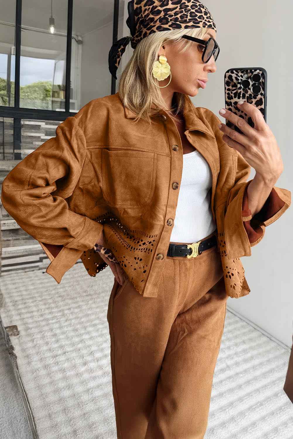 Thai Curry Solid Color Faux Suede Hollowed Detail Retro Style Jacket 94e80702981ec67f