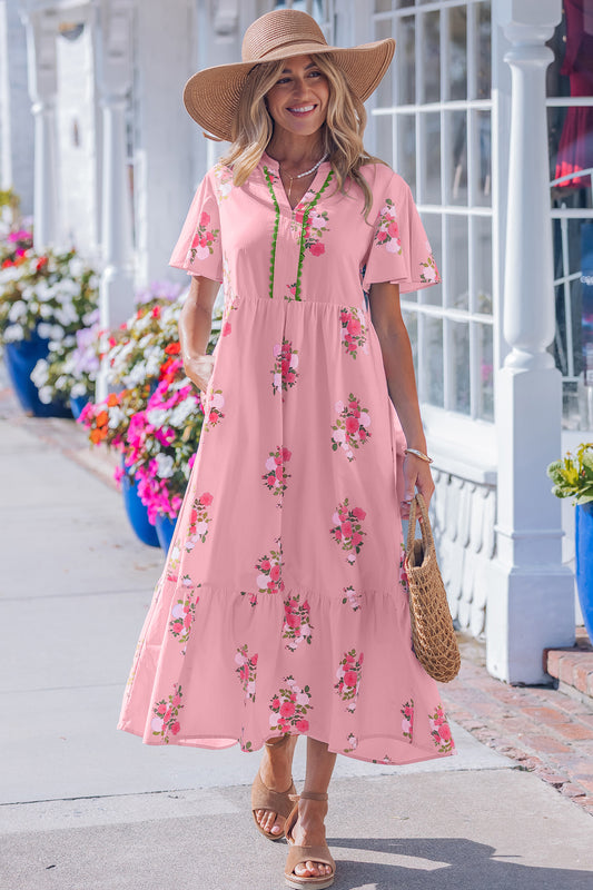 Pink Notched Neck Flutter Short Sleeve Floral Print Maxi Dress 94e862b4be5ee79b