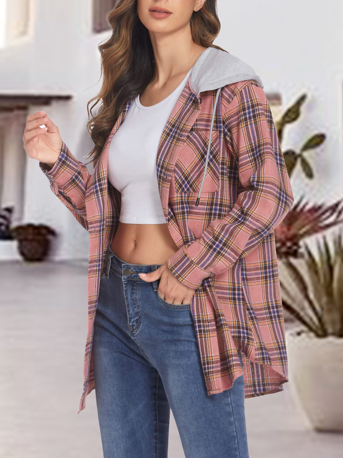 Plaid Drawstring Button Up Hooded Jacket 94e8f563b26546f8ba3f6594a815162d-Max
