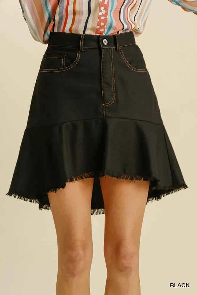 Umgee Linen Blend 5 Pockets High Low Skirt with Frayed Hem Black 94ea4bc4-9622-4d24-8927-a9c62fe614f2-Max-Origin