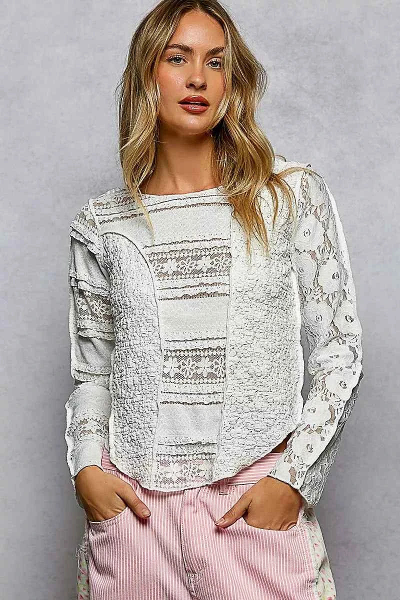 POL Round Neck Long Sleeve Exposed Seam Top with Lace Detail 94eec348-0b67-44ef-bed1-a52644829555-Max-Origin