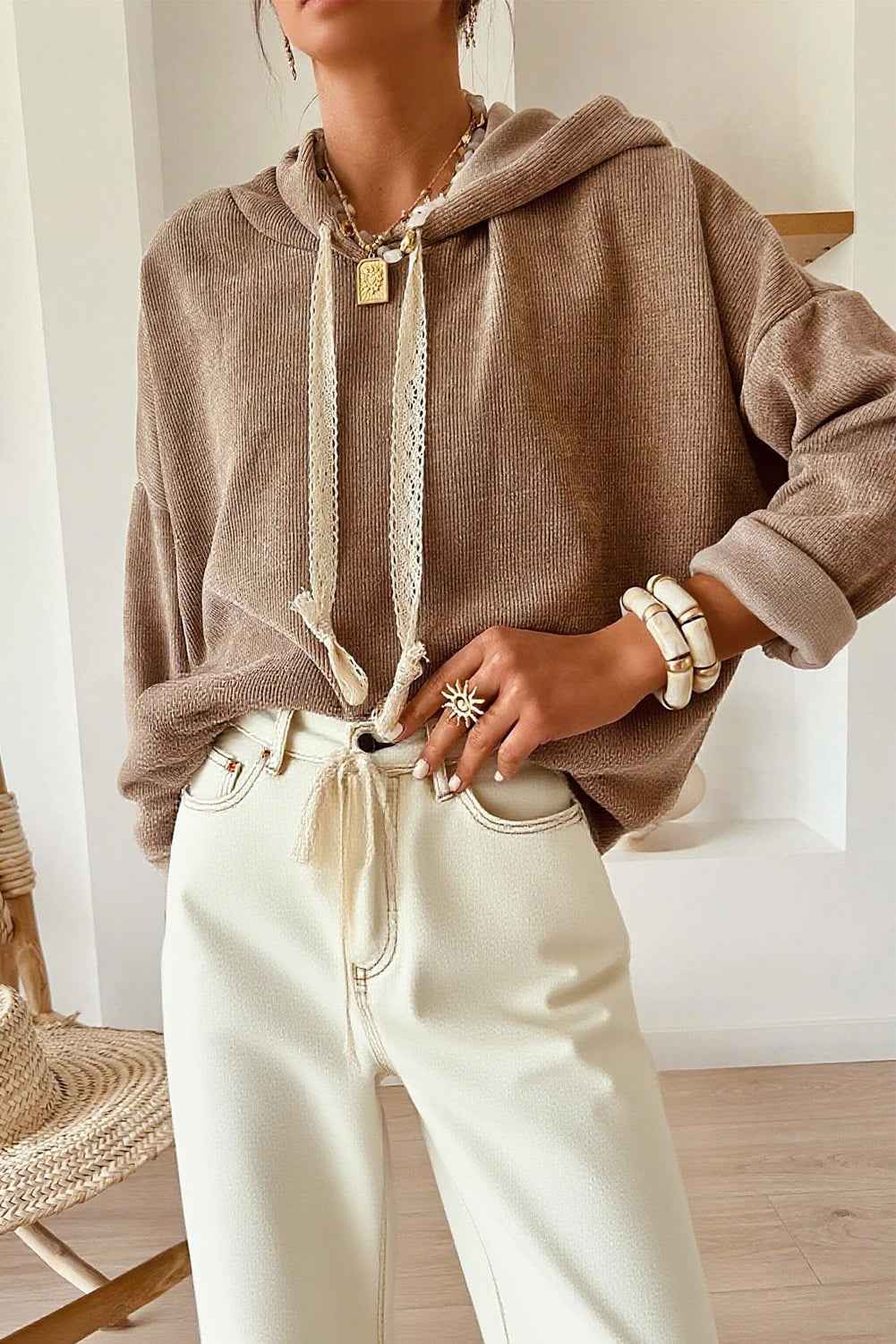 Parchment Thermal Textured Leopard Drawstring Baggy Hoodie Smoke Gray 42.5%Polyester+40%Viscose+16%Polyamide+1.5%Elastane 94fc8296d5deb788