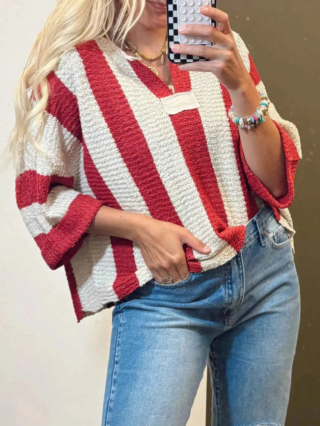 Striped Notched 3/4 Sleeve Sweater 94fe8931-4fc2-447e-a46e-a4ae4883d8ef-Max-Origin