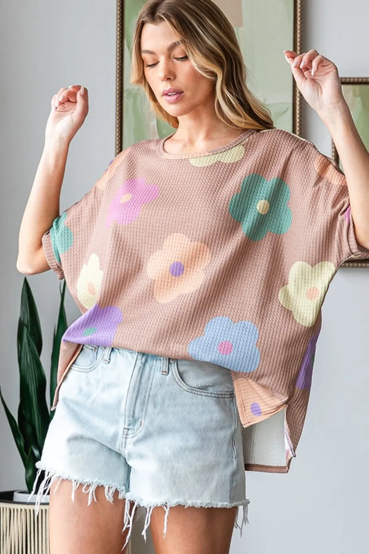 Full Size Floral Round Neck Side Slit Waffle T-Shirt 95027856-07e6-4ced-9911-b9e24e36719e-Max