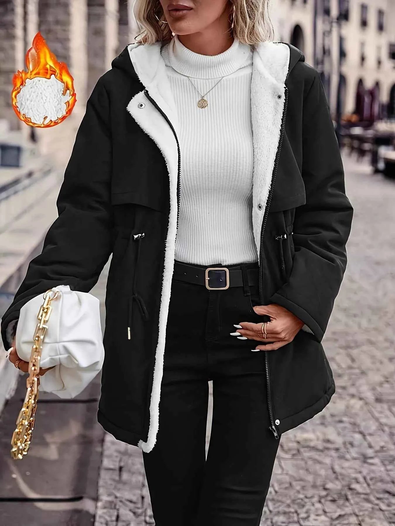 Drawstring Long Sleeve Hooded Outerwear Black 95027e5209b041ac8f2186a742067530-Max-Origin