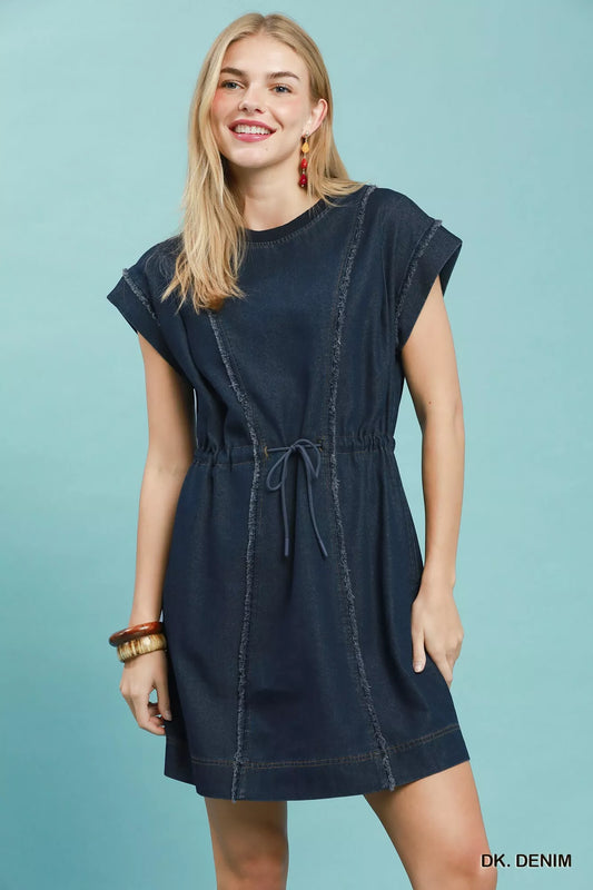 Drawstring Waist Frayed Denim Mini Dress DK. DENIM 95085e8f-9aef-4c77-ac0c-085dacaf40f9-Max-Origin