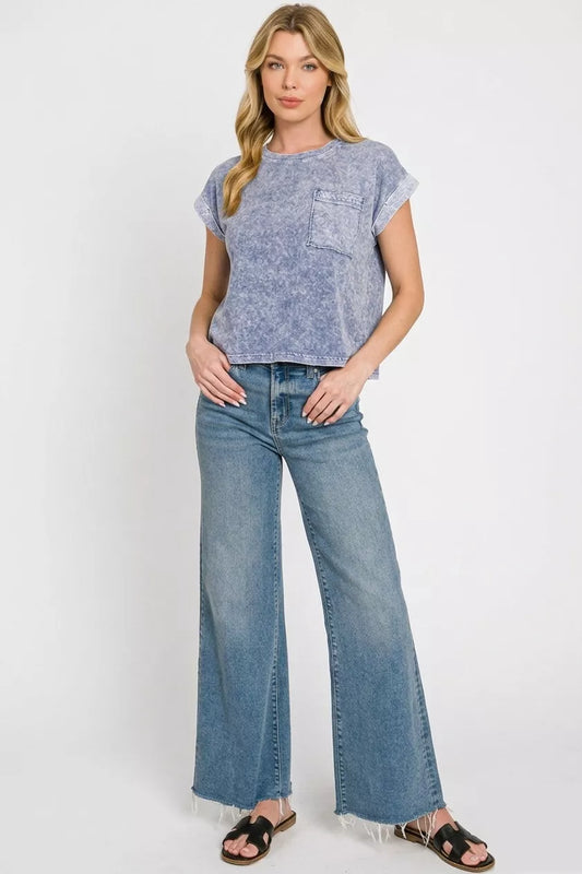 Halo Snow Washed Cotton Cuffed Short Sleeve Top 95086ff8-88af-4213-8b7f-066f6750a41c-Max-Origin