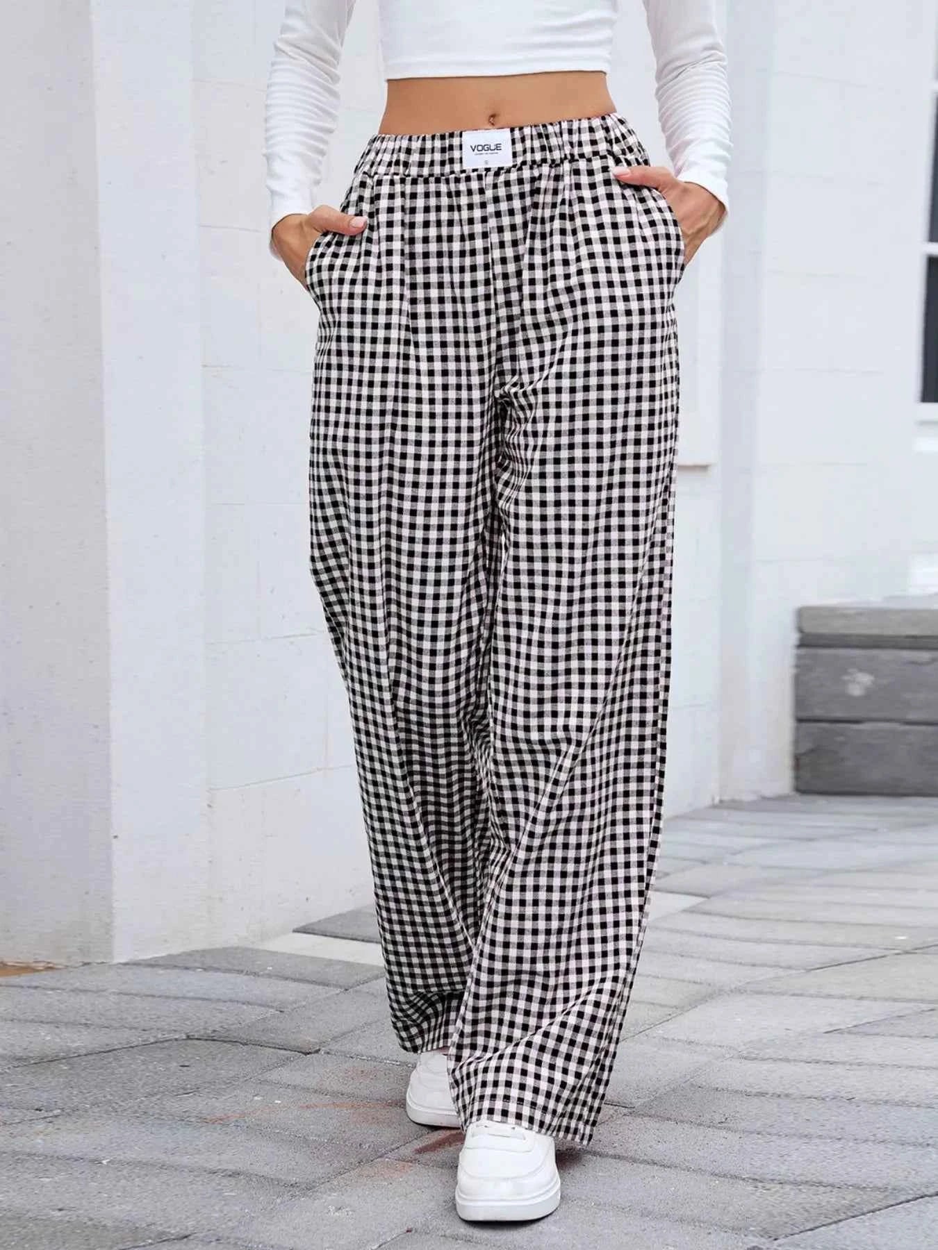 Plaid Wide Leg Casual Pants Black 950a3794-dcb6-4b5a-9ce1-a97325b88743-Max-Origin