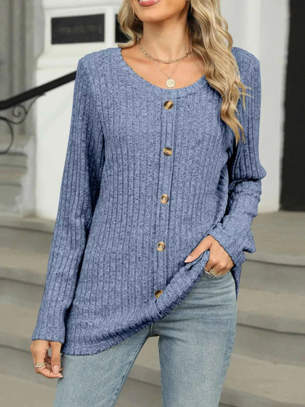 Ribbed Round Neck Long Sleeve Top Blue 950a3fe0-aa8e-4e9a-aadf-99b2caaebfeb-Max-Origin