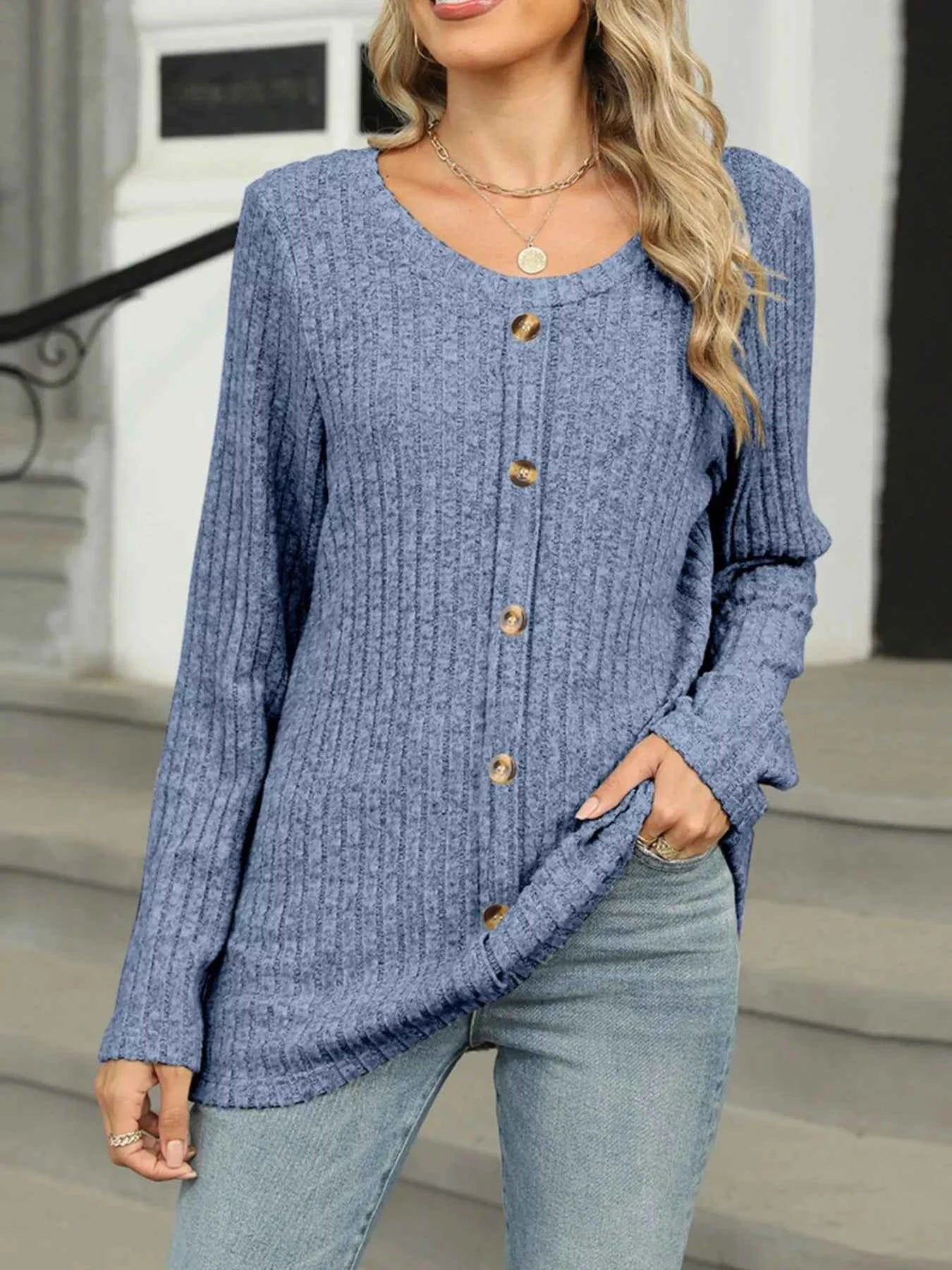 Ribbed Round Neck Long Sleeve Top Blue 950a3fe0-aa8e-4e9a-aadf-99b2caaebfeb-Max-Origin