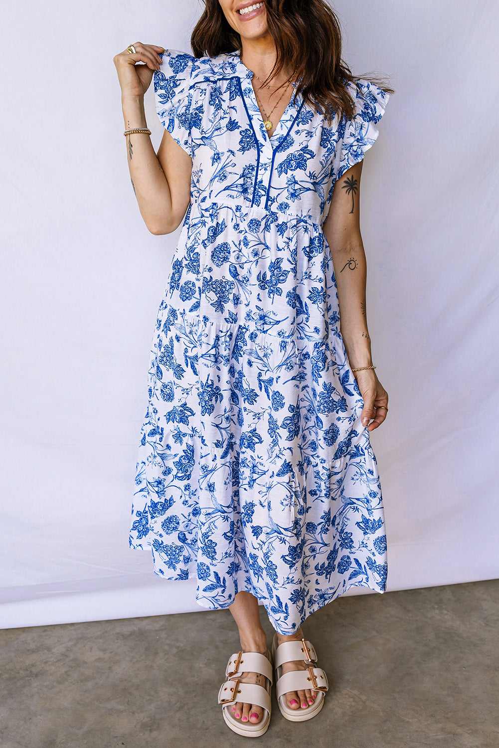 Blue Ruffled Short Sleeve Tiered Floral Midi Dress 950c52723182c2a2